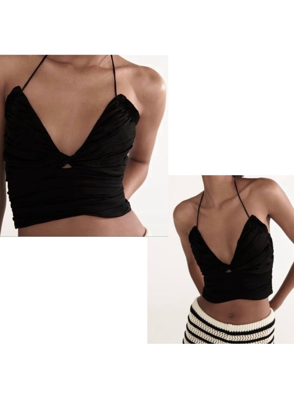 Zara Black Ruched Cut Out Crop Top Camisole sweetheart neckline strappy M NWOT